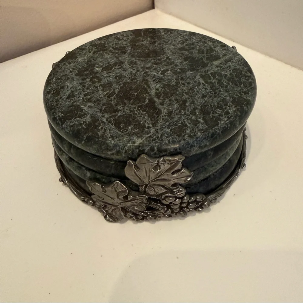 Vintage Seagull Pewter Canada Grape Leaf Marble Stone Coasters Set of 4